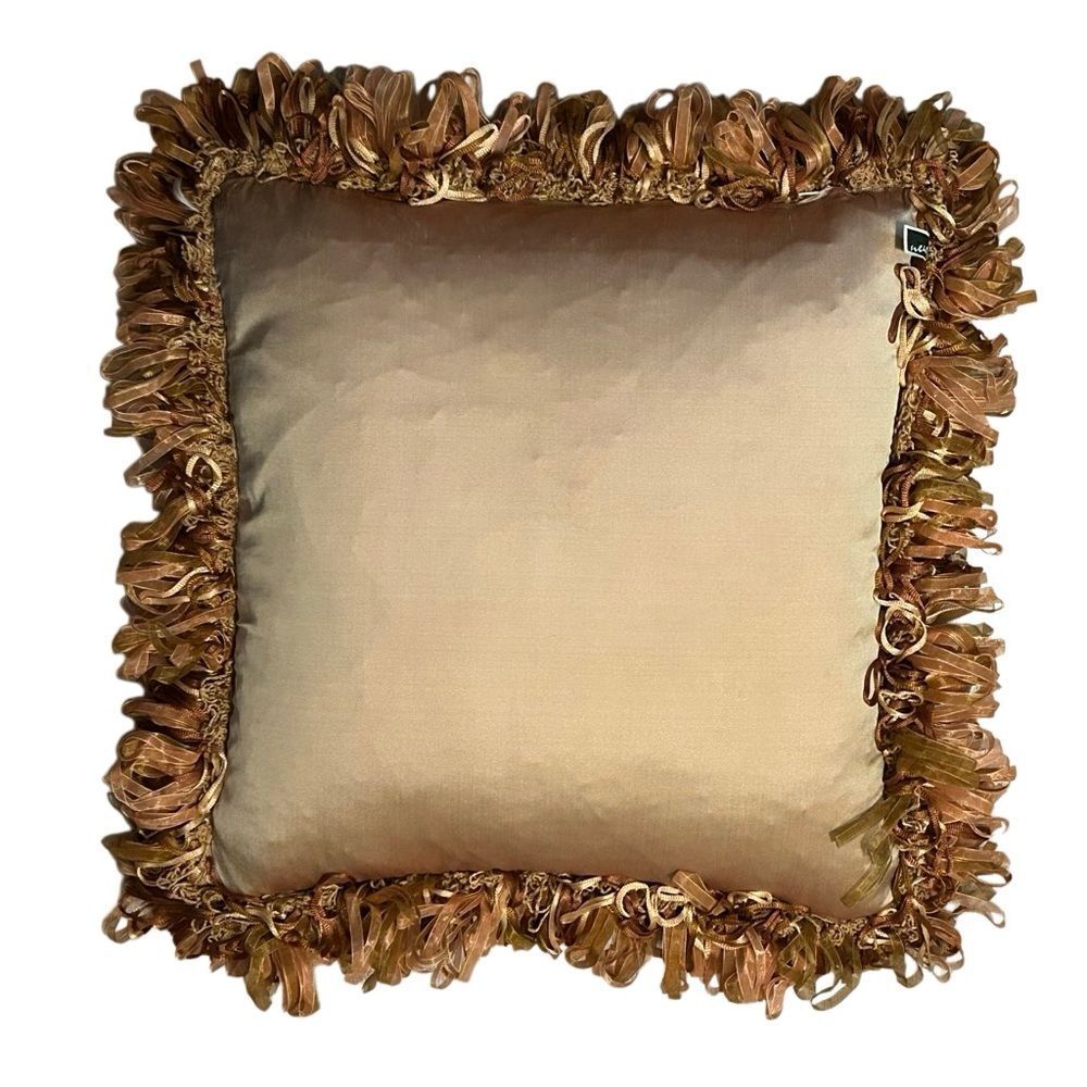 Boho Silk Satin Peach Embroidered Decorative Pillow Fringe Ribbon Down 21 Square - Picture 2 of 9